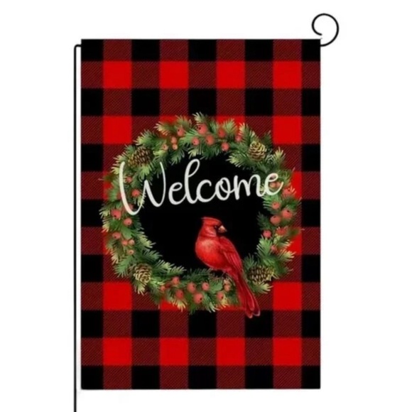 Winter Yard Garden Flag Cardinal Buffalo Check Plaid Wreath Welcome Lawn Flag - Picture 2 of 12